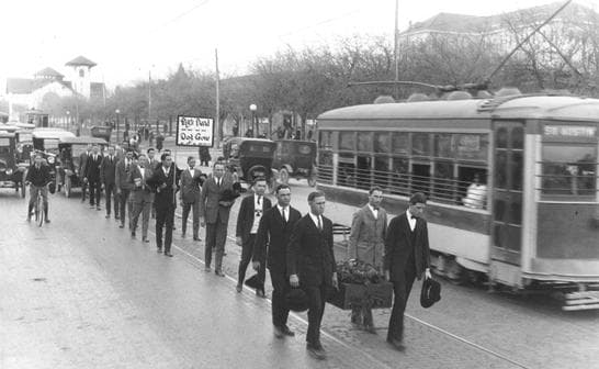 Funeral procession for Pig Bellmont on Guadalupe Street, January 5, 1923